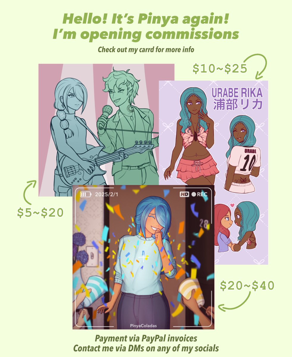 PinyaColadas's tweet image. Hey guys! With the end of my trimester around the corner, I’ll finally have time to work on cºmmissiºns again, please check out my carrd and contact me if you’re interested 💛🍍💚
pinyacomms.carrd.co