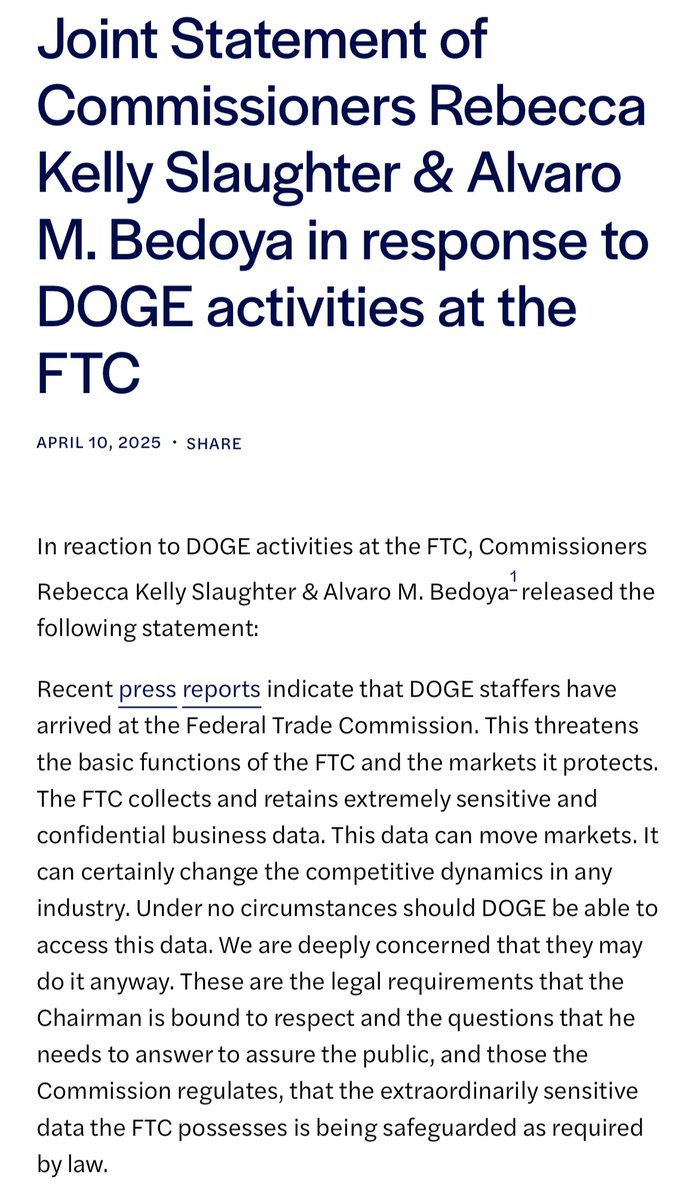 BedoyaUSA's tweet photo. Commissioner Slaughter and I released a statement about DOGE’s arrival at the FTC. https://t.co/ZJxw8DAlJE