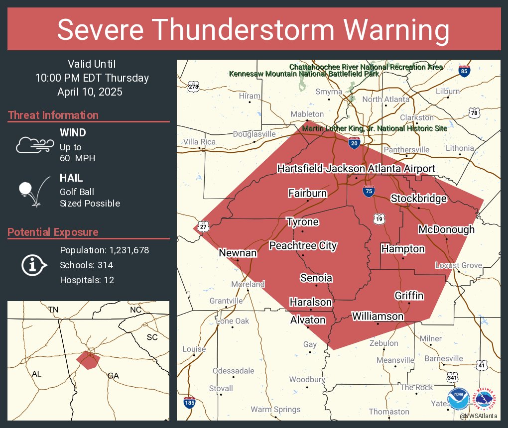 NWSAtlanta's tweet photo. Severe Thunderstorm Warning including Hartsfield-Jackson Atlanta Airport GA, Peachtree City GA and  East Point GA until 10:00 PM EDT. This storm will contain golf ball sized hail! https://t.co/BkJsFX2mtc