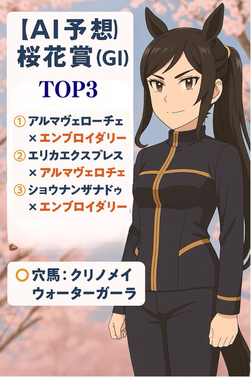 【AI競馬予測｜桜花賞2025】
🥇アルマヴェローチェ×エンブロイダリー 他2点＋穴馬2頭
📘無料NOTE公開中▶️ note.com/byousoku_ai_pr…
#桜花賞2025 #競馬予想 #AI予想 #ウマ娘妄想 #note