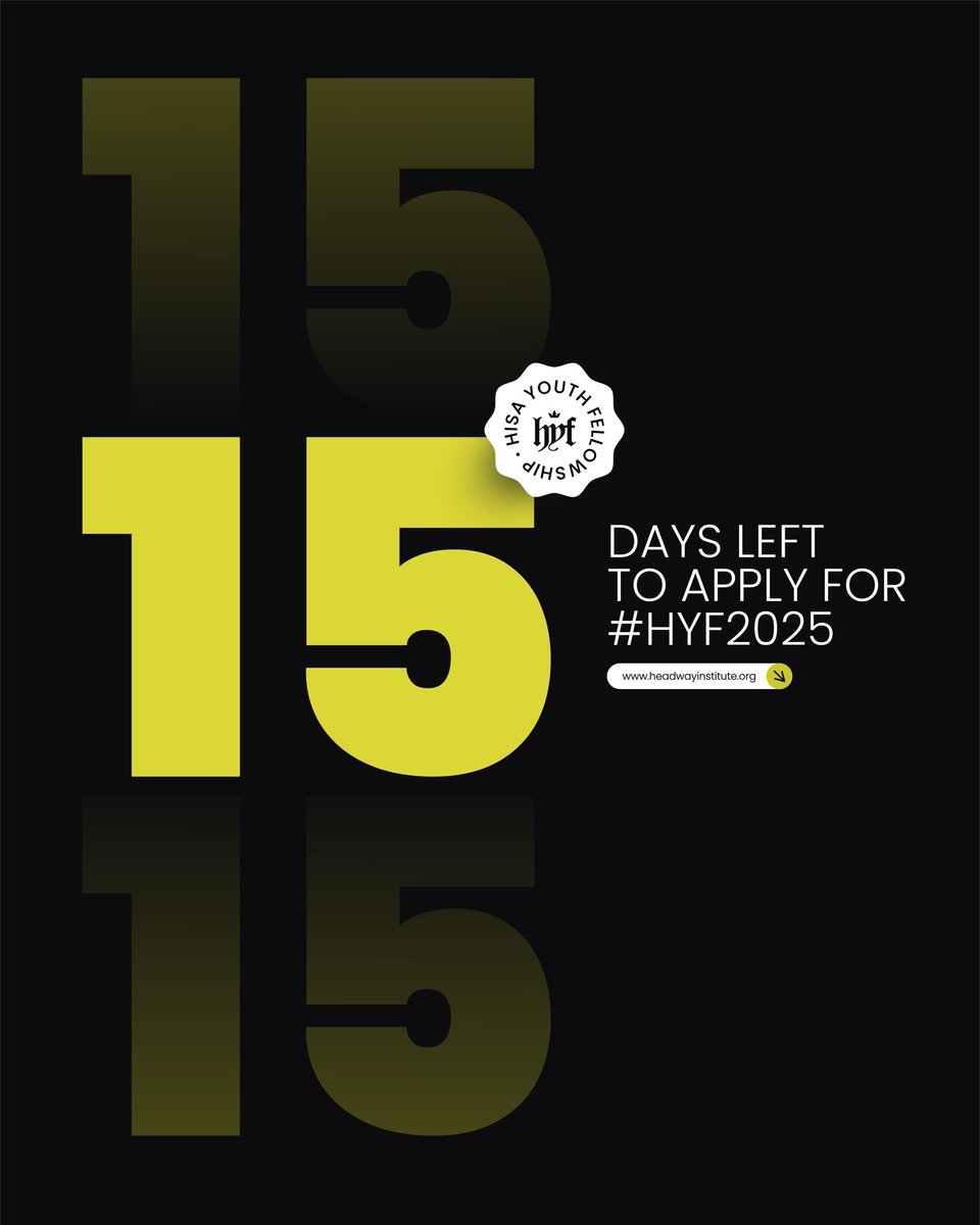 15 DAYS LEFT to Apply for #HYF2025

⏳ The countdown has officially begun! Just 15 days remain to apply for the HISA Youth Fellowship 2025 at the University of Oxford, UK!
This is your chance.
Don’t miss your shot at Oxford—Apply now!
headwayinstitute.org

#HISAYouthFellowship