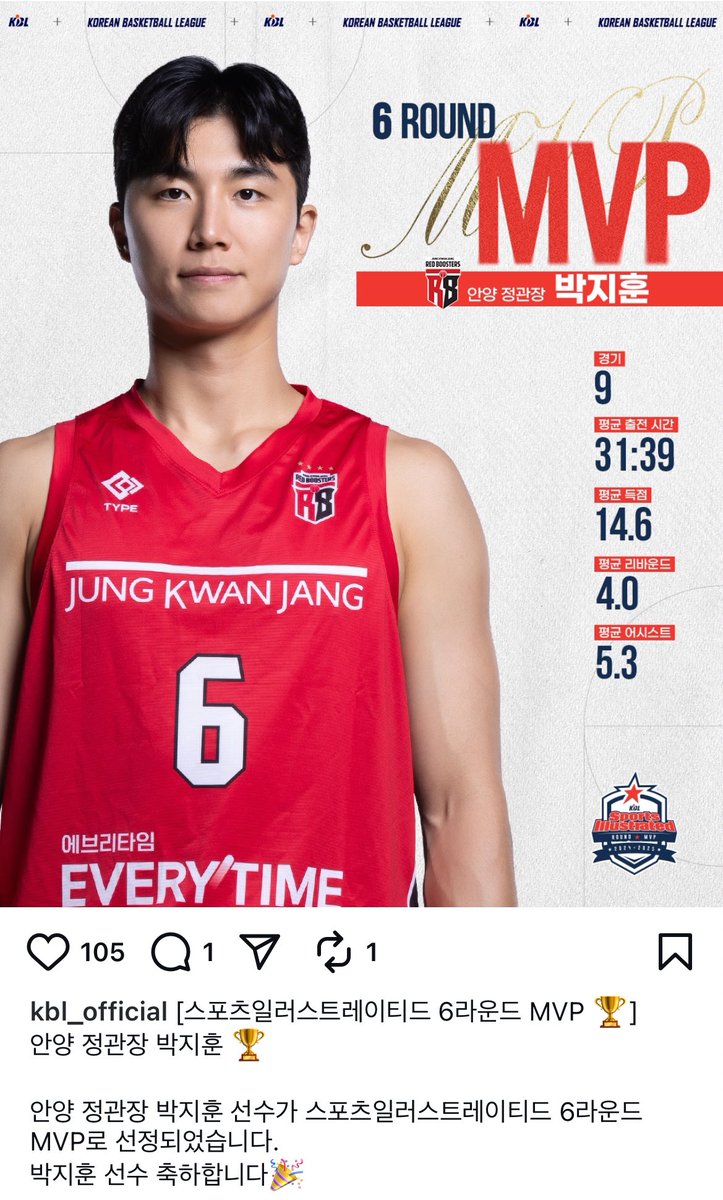 6라운드 MVP
안양 정관장 박지훈 ✨