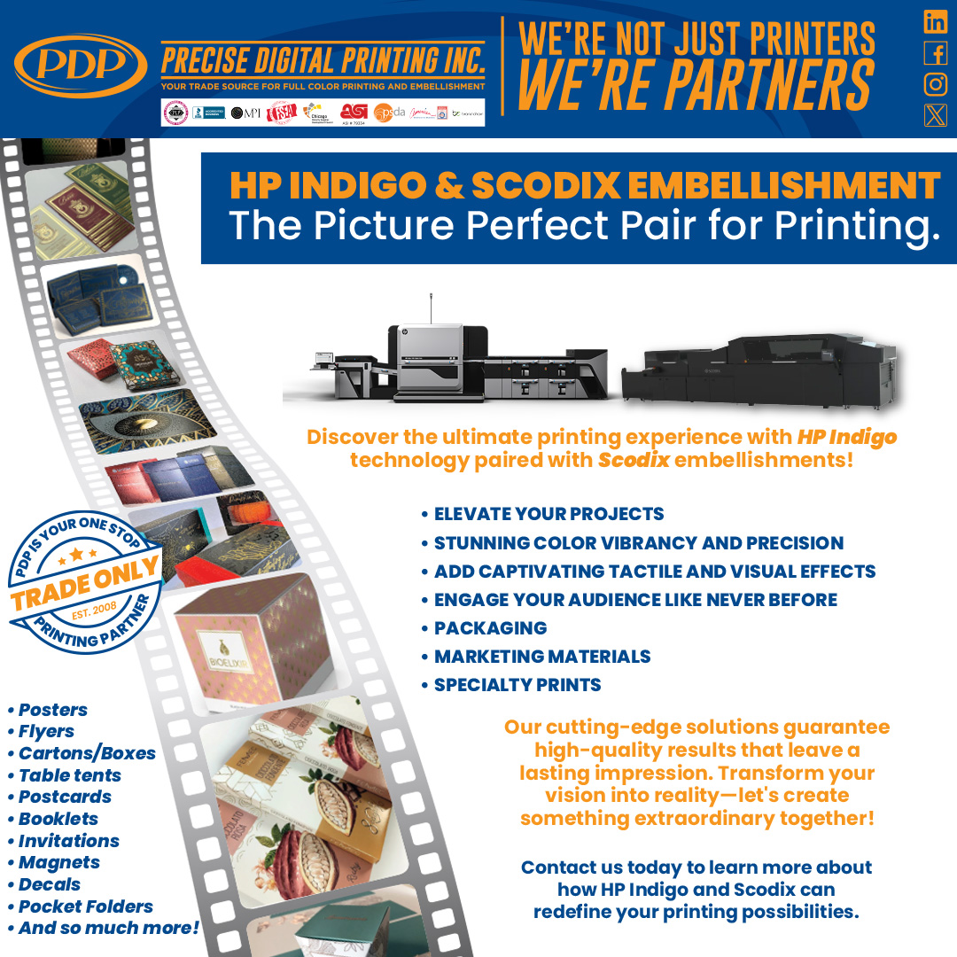 PrintingPrecise's tweet image. Discover the ultimate printing experience with HP Indigo technology paired with Scodix embellishments! Elevate your projects with stunning color vibrancy and precision, while adding captivating tactile and visual effects that engage your audience like never before.