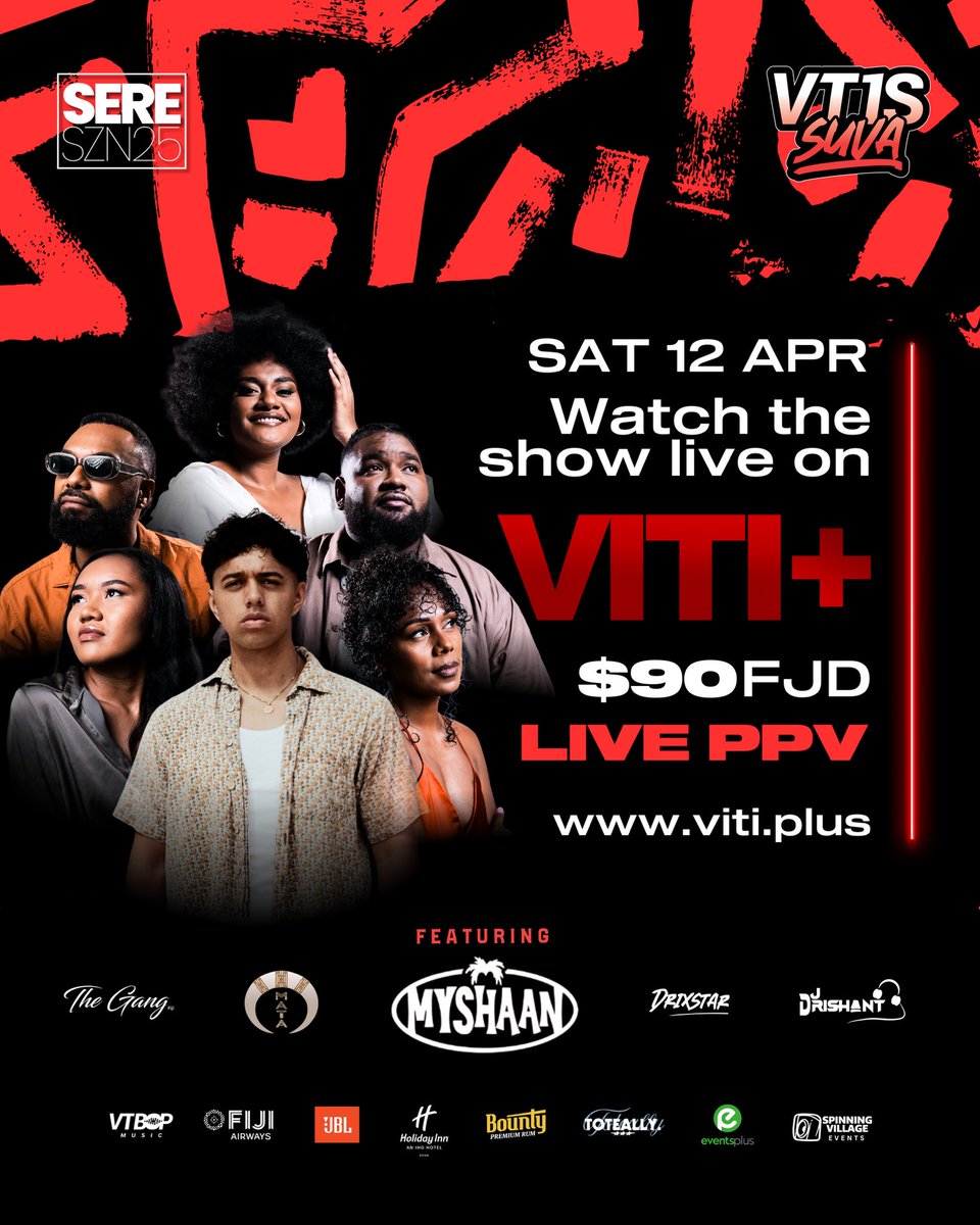 📢 Fiji &amp; global VT1S fam! 🌍 Missing the Suva show on April 12th? Don't worry! 😉 Watch all the electrifying action LIVE on VITI+ via PPV for just $90FJD! 🔥 Subscribe now &amp; join the party! 👉 viti.plus #VT1S #LivePPV #FijiMusic #VitiPlus #WatchLive