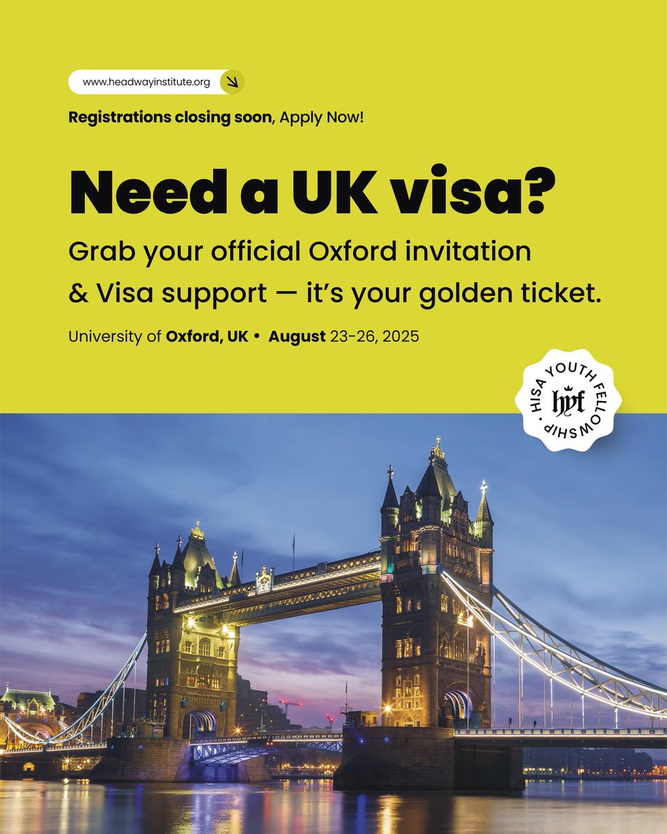 Need a UK Visa to attend HYF 2025 at Oxford?
We’ve got you covered!
Your benefits include:
• Guaranteed official HYF 2025 Invitation Letter
• Visa Support &amp; Guidance

Apply now via: headwayinstitute.org

#HYF2025 #OxfordUK #YouthFellowship #UKVisaSupport #InvitationLetter