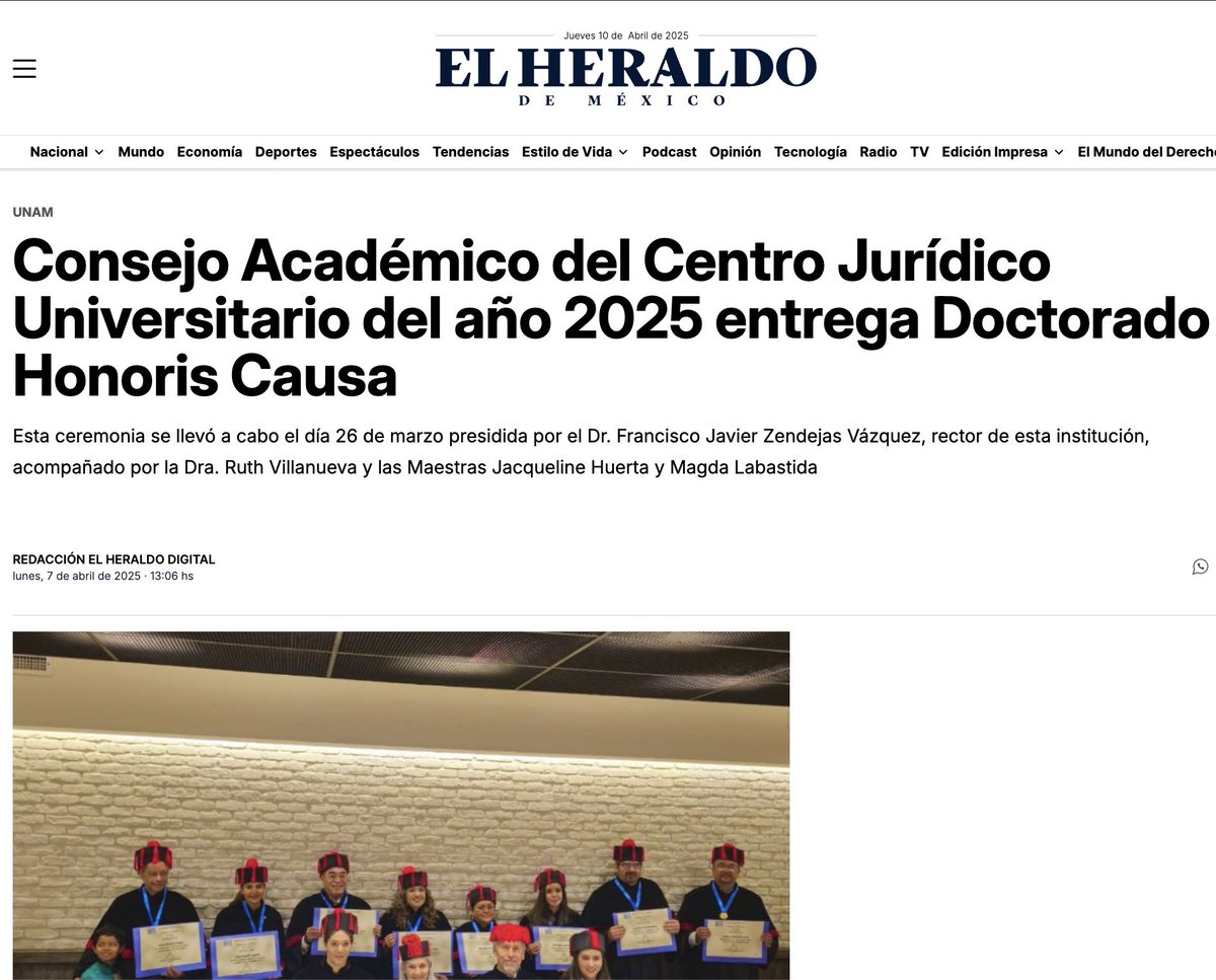 Comparto publicación de El Heraldo de México, sobre la entrega del Doctorado Honoris Causa del <a href="/CEJU_mx/">Centro Jurídico Universitario</a>  el cual tuve la alegría y el honor de recibir.

heraldodemexico.com.mx/edicion-impres…