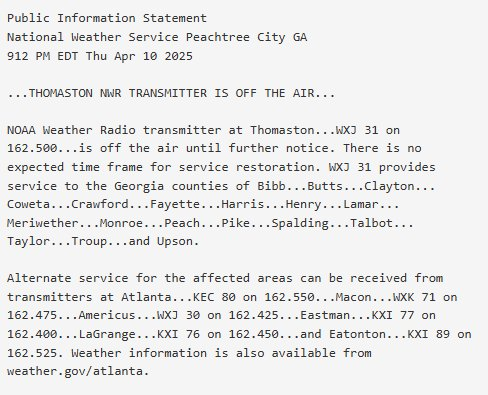 NWSAtlanta's tweet photo. ❗️Heads up to those with NOAA Weather Radios on the south side of Atlanta, and down toward Macon and LaGrange.❗️ #gawx https://t.co/cpN2vIlrq2