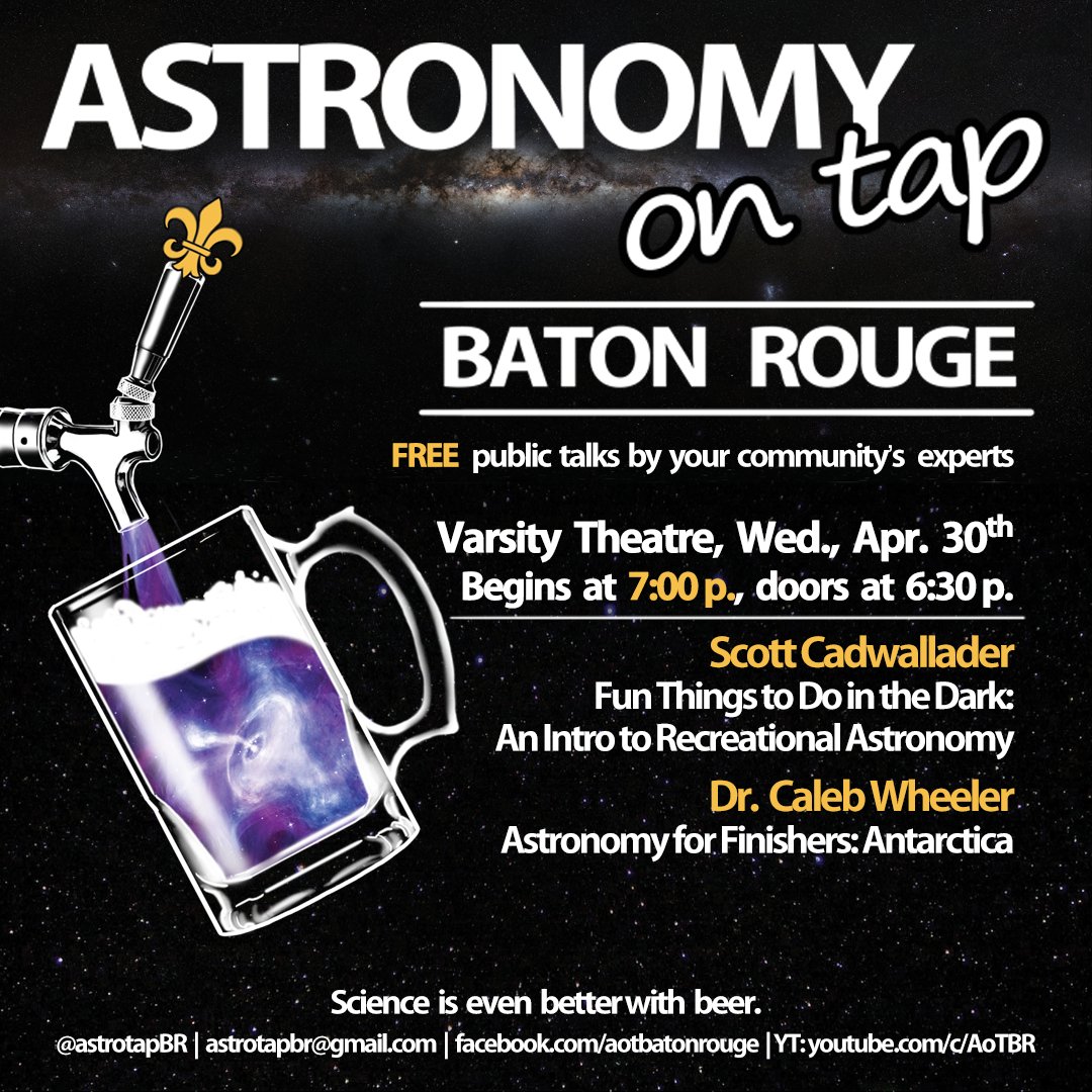 🌌✨ WE ARE BACK THIS MONTH, FOLKS! 
Join us at this month's Astronomy on Tap event!
📅 Date: Wednesday, April 30th, 2025
📍 Location: Varsity Theatre
⏰ Time: Doors open at 6:30 PM, event begins at 7 PM
#AstroOnTap #AOTBR #freeevent
