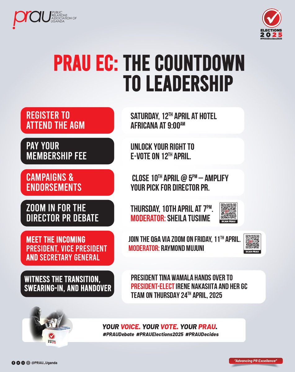 PRAU_Uganda's tweet photo. #PRAUAGM2025 | #PRAUElections2025
As we prepare for the AGM this Saturday, the #PRFraternity is urged to take note of the key dates and activities released by the #ElectoralCommission. 

Let’s stay informed and engaged! 🗳️  

#PRLeadership #PRExcellence #PRAUd https://t.co/RQZEqiXPQ3