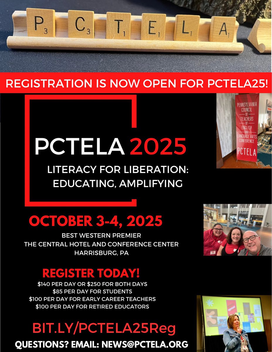 PCTELA (@pctelanews) on Twitter photo Make sure you’re spending October 3-4 in Harrisburg with #pctela! Registration is open for #pctela25: Literacy for Liberation. We can’t wait to see you there!
bit.ly/PCTELA25Reg
<a href="/ncte/">National Council of Teachers of English (NCTE)</a> <a href="/KSLAliteracy/">Keystone State Literacy Association</a> <a href="/PSEA/">PSEA</a> <a href="/PADeptofEd/">PA Department of Education</a> <a href="/PAEduChat1/">PAEduChat</a> <a href="/OCTELA/">OH English Teachers</a> <a href="/WPCTEtweets/">WPCTE</a> <a href="/writingproject/">Writing Project</a> Make sure you’re spending October 3-4 in Harrisburg with #pctela! Registration is open for #pctela25: Literacy for Liberation. We can’t wait to see you there!
bit.ly/PCTELA25Reg
<a href="/ncte/">National Council of Teachers of English (NCTE)</a> <a href="/KSLAliteracy/">Keystone State Literacy Association</a> <a href="/PSEA/">PSEA</a> <a href="/PADeptofEd/">PA Department of Education</a> <a href="/PAEduChat1/">PAEduChat</a> <a href="/OCTELA/">OH English Teachers</a> <a href="/WPCTEtweets/">WPCTE</a> <a href="/writingproject/">Writing Project</a>