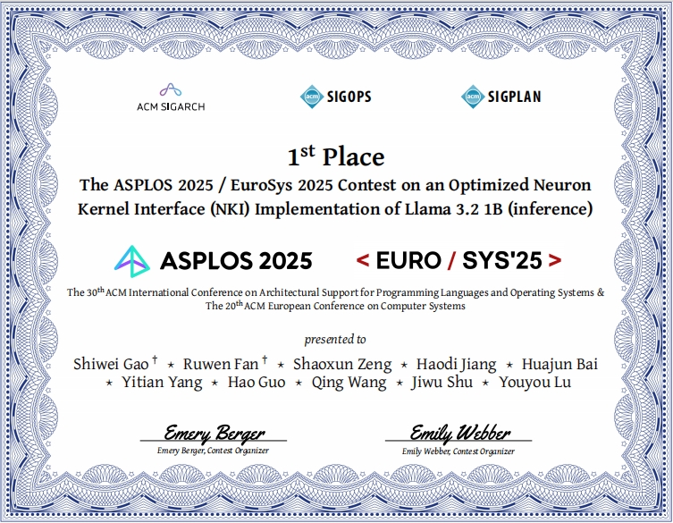 🏆Congrats to the Storage Research Group from #Tsinghua DCST for winning the#ASPLOS2025/#EuroSys2025 Large-Scale Model Inference Optimization Contest in Rotterdam! They outperformed global competitors, boosting inference performance by 1.1x using AWS NKI framework optimizations.