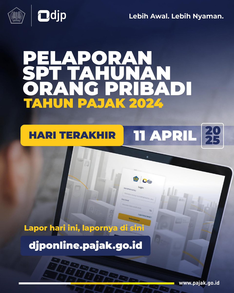 Hari Ini Hari Terakhir Lapor SPT Tahunan!

#KawanPajak, hari ini kesempatan terakhir, batas akhir pelaporan SPT Tahunan Orang Pribadi Tahun Pajak 2024!

Segera laporkan sekarang.

Lapornya hari ini, lapornya di sini djponline.pajak.go.id