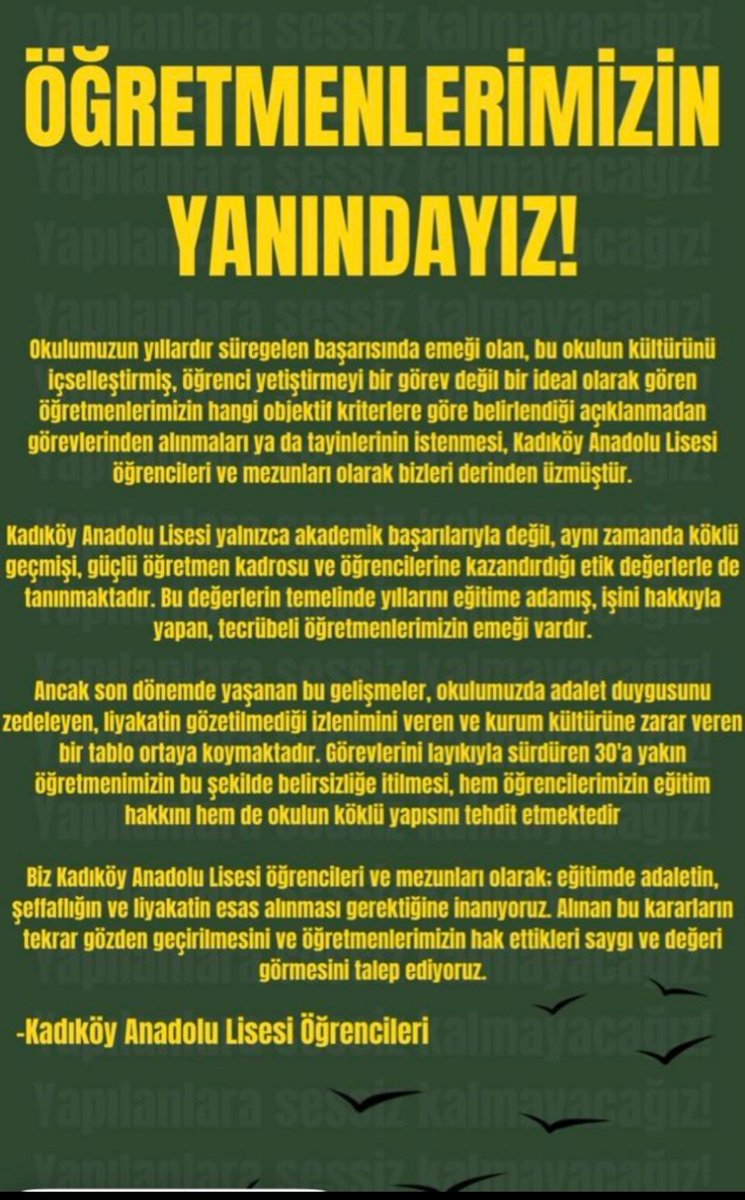 mrtbrdl's tweet photo. Kadıköy Anadolu Lisesi öğrencileri öğretmenleri için ayakta. Mezunlardan destek bekliyorlar. Yalnız bırakmayalım. https://t.co/IEhmJIHSqJ