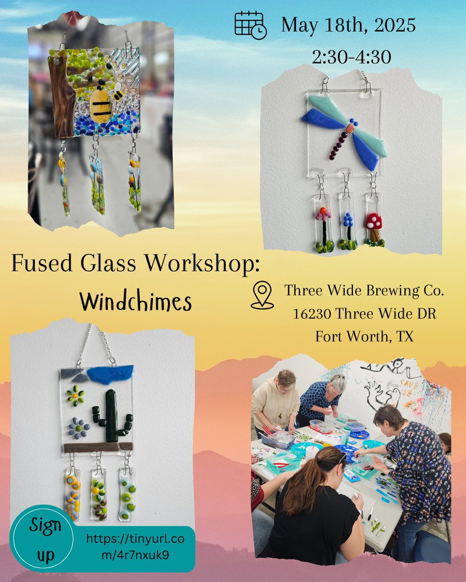 3fatesfiber's tweet photo. Get creative at the Fused Glass Windchimes Workshop! Join us on May 18th, 2025, from 2:30-4:30 at Three Wide Brewing Co. in Fort Worth, TX. Sign up now: https://t.co/tsEheKuJO5  #FusedGlass #Windchimes #FortWorthEvents https://t.co/zA5Dct6NvI