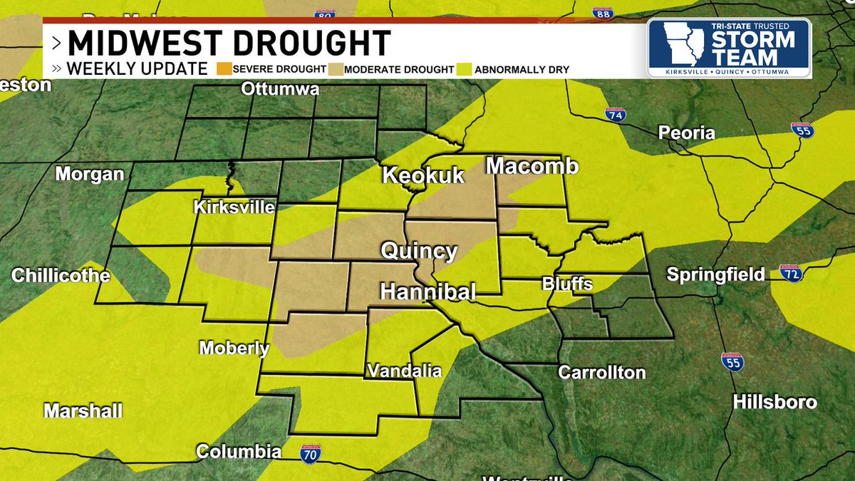 KHQARich's tweet photo. Our latest drought monitor shows the Tri-States is still dry despite recent rainfall up to this last Tuesday. Now that planting has begun, hopefully this can be reversed sooner than later. #KHQA @KHQA @KHQATegan https://t.co/GsZil2ExEp