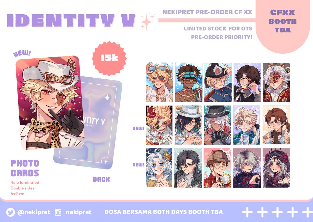 nekipret's tweet photo. [🔁and❤️are appreciated✨]
Hello! I'm opening PO for #comifuroxx !⭐️

📍Booth TBA (2 days)
📅PO Date: 11 April - 18 April 2025
🎨 Fandom: Identity V, Enstars, Proseka, HSR &amp; Genshin
🔗PO Form: https://t.co/PWdKov1CXa

🌐GO pls DM me‼️
Thank you! ✨#CFXX #CFXXcatalogue ✨ https://t.co/k4qXq9337V
