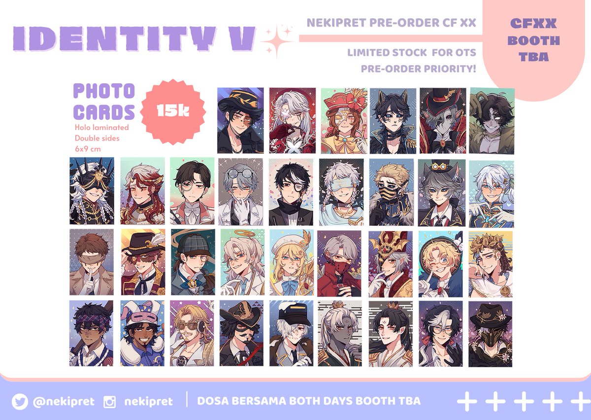 nekipret's tweet photo. [🔁and❤️are appreciated✨]
Hello! I'm opening PO for #comifuroxx !⭐️

📍Booth TBA (2 days)
📅PO Date: 11 April - 18 April 2025
🎨 Fandom: Identity V, Enstars, Proseka, HSR &amp; Genshin
🔗PO Form: https://t.co/PWdKov1CXa

🌐GO pls DM me‼️
Thank you! ✨#CFXX #CFXXcatalogue ✨ https://t.co/k4qXq9337V