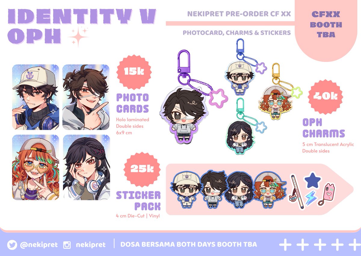 nekipret's tweet photo. [🔁and❤️are appreciated✨]
Hello! I'm opening PO for #comifuroxx !⭐️

📍Booth TBA (2 days)
📅PO Date: 11 April - 18 April 2025
🎨 Fandom: Identity V, Enstars, Proseka, HSR &amp; Genshin
🔗PO Form: https://t.co/PWdKov1CXa

🌐GO pls DM me‼️
Thank you! ✨#CFXX #CFXXcatalogue ✨ https://t.co/k4qXq9337V