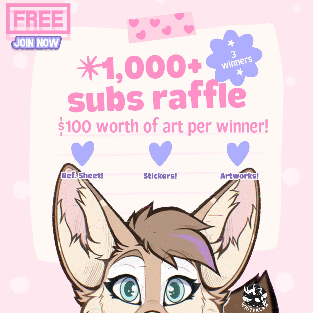 FREE ART - HEY! 💜 I'm doing a Raffle for my 1k subs on my Telegram Channel~ Feel free to Register and participate here:
t.me/WhiteklawsArt/…

#furry #Fursona #furryartist #freeart #art