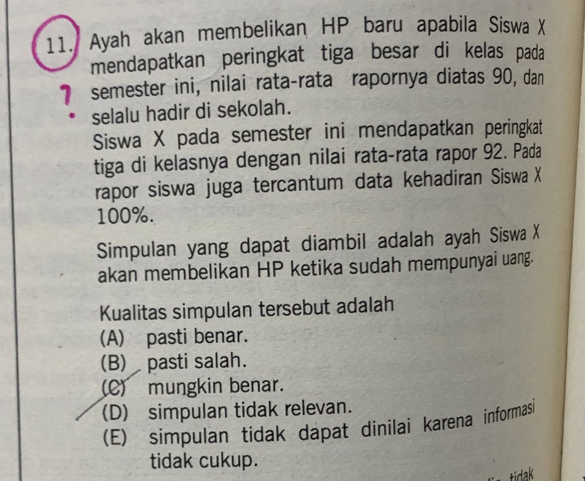 mau tanya dong kenapa jawabannya bukan yg c? kan kalimat 'ketika sudah punya uang' ga tercantum di soal? 

jawaban kuncinya yang A