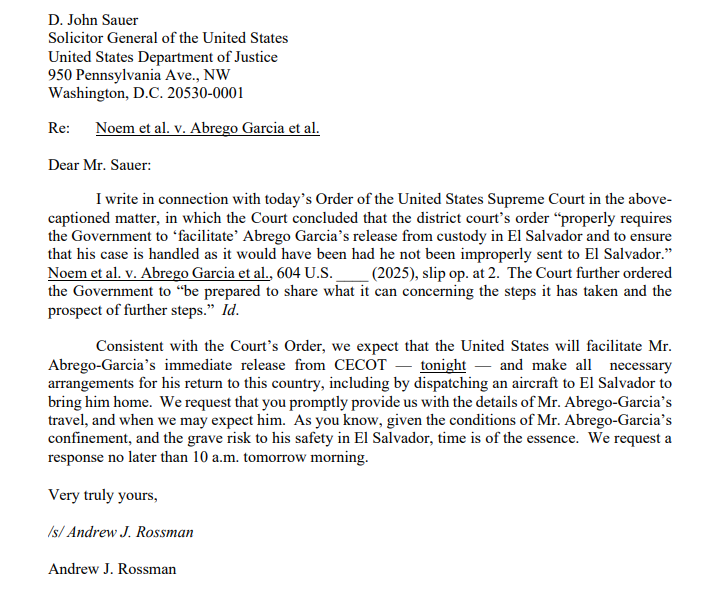 NEW -- Lawyers for Abrego-Garcia: 'we expect that the United States will facilitate Mr. Abrego-Garcia’s immediate release from CECOT — tonight — and make all necessary arrangements for his return to this country' reuters.com/legal/us-supre…