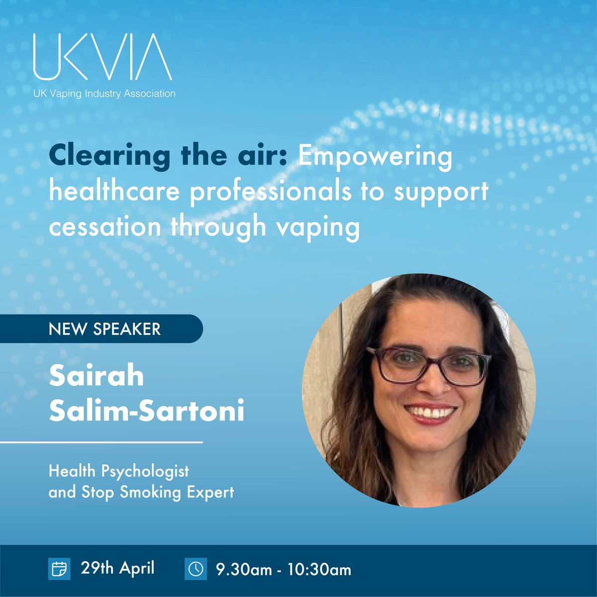 We are delighted to announce Sairah Salim-Sartoni as one of the speakers for our upcoming webinar entitled - Clearing the air: Empowering healthcare professionals to support smoking cessation through vaping

Sairah is a chartered health psychologist and award-winning stop smoking