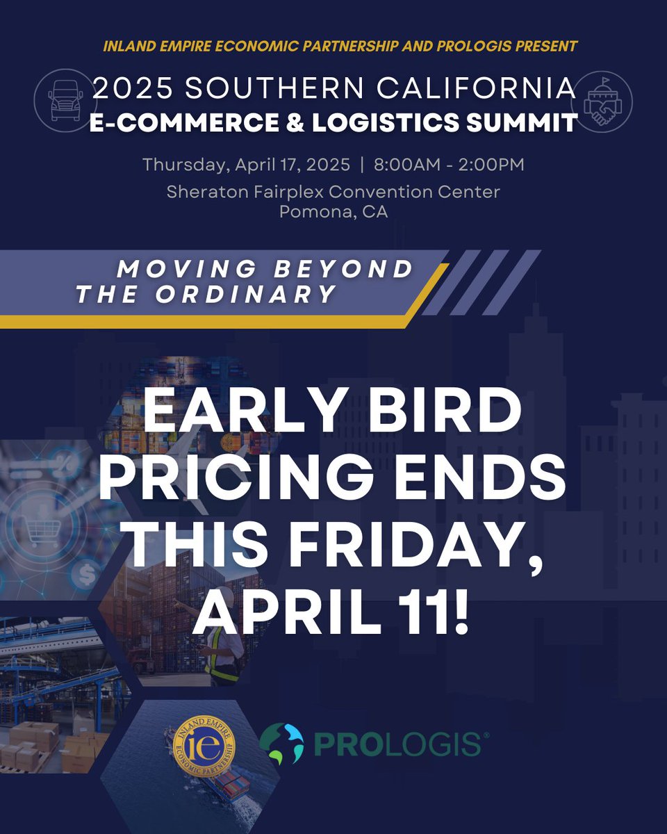 🚨 Early Bird pricing ends TOMORROW, April 11! Don’t miss your chance to save on registration for the 2025 Southern California E-Commerce &amp; Logistics Summit. Register today at eventbrite.com/e/120379195714…

For more information, please visit ieep.com
