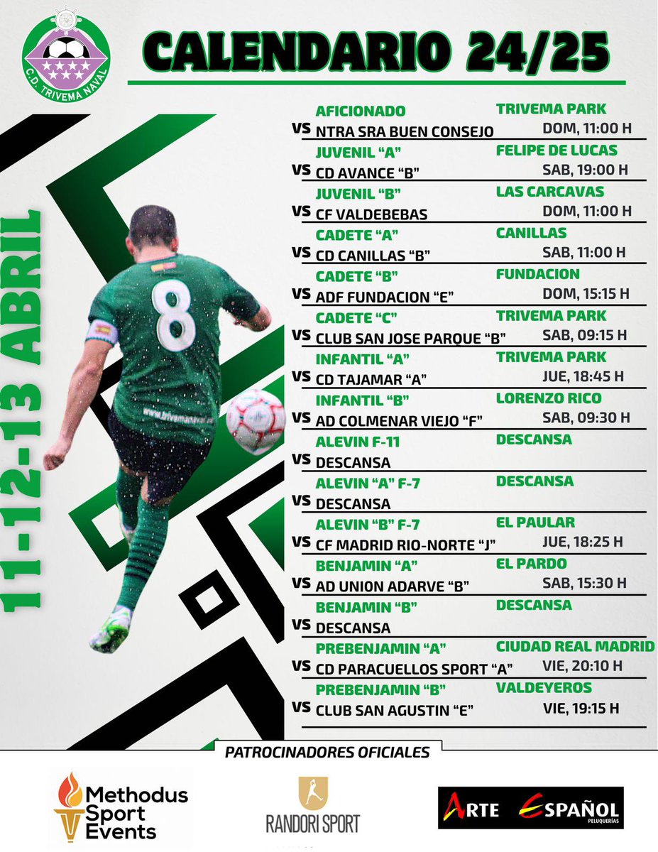 AGENDA |
‼️Llega la Semana Santa con algunos de los equipos #CDTrivemaNaval 🍀 disputando una nueva jornada de liga #RFFM‼️

🗒️ Aquí tenéis los horarios de los partidos

#VamosTrivema