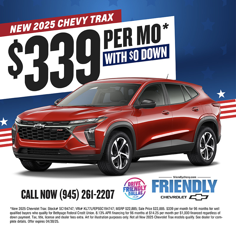 Seize the moment with the 2025 Chevy Trax!🚙 Right now, lease with deals like $339/month with $0 down as part of our Beat The Tariffs Sales Event🔺

Find out why more people choose Friendly Chevrolet✅ (link in bio)

#FriendlyChevrolet #DriveFriendlyDallas #Chevrolet #ChevyTrax