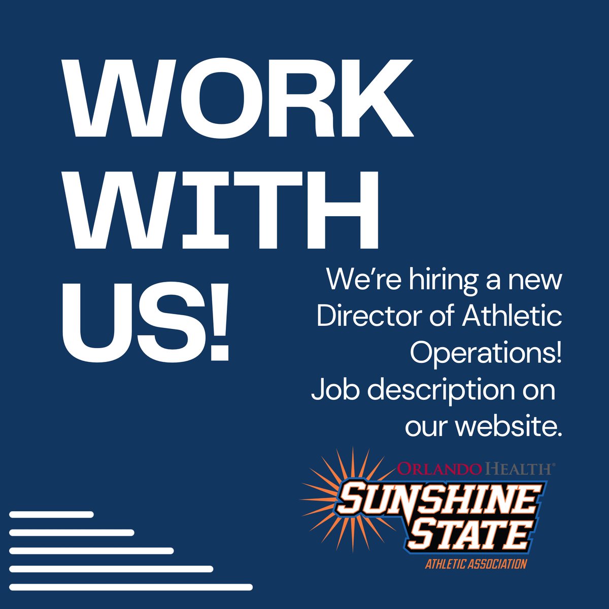 The Sunshine State Athletic Association is hiring a Director of Athletic Operations! Lead with integrity, drive excellence, and support student-athletes. Apply by April 25: sunshinestateathletics.com #AthleticJobs #Leadership #NowHiring