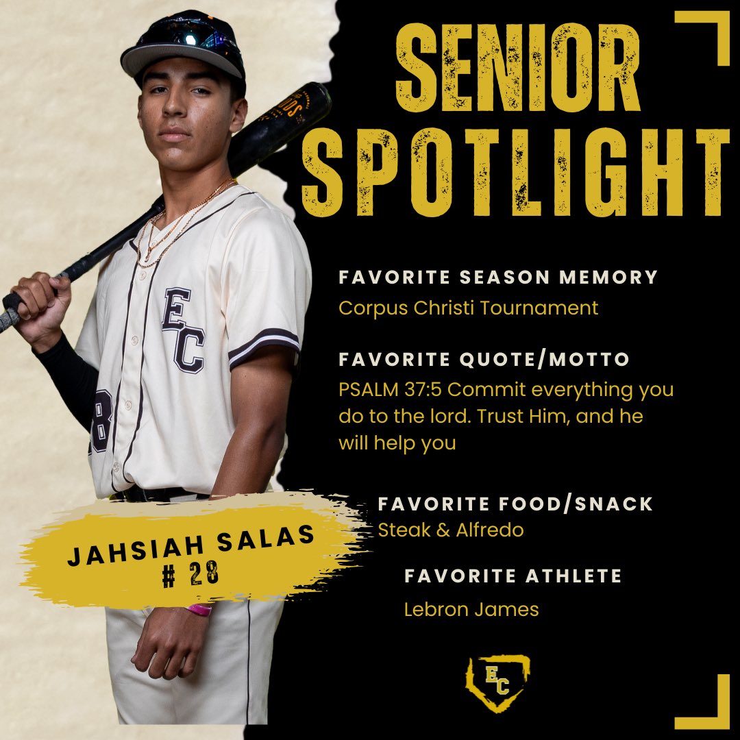 EC Hornet Baseball (@_ecbaseball) on Twitter photo 🟨⬛ SENIOR SPOTLIGHT ⬛🟨
#️⃣ 28 —— Jahsiah Salas
Silence the noise. He’s not here to talk—he’s here to take over.
<a href="/_ECAthletics/">ECHS Hornet Athletics</a> <a href="/ECISDtweets/">East Central ISD</a> <a href="/ArriolaSuzette/">Suzette Arriola</a> 🟨⬛ SENIOR SPOTLIGHT ⬛🟨
#️⃣ 28 —— Jahsiah Salas
Silence the noise. He’s not here to talk—he’s here to take over.
<a href="/_ECAthletics/">ECHS Hornet Athletics</a> <a href="/ECISDtweets/">East Central ISD</a> <a href="/ArriolaSuzette/">Suzette Arriola</a>