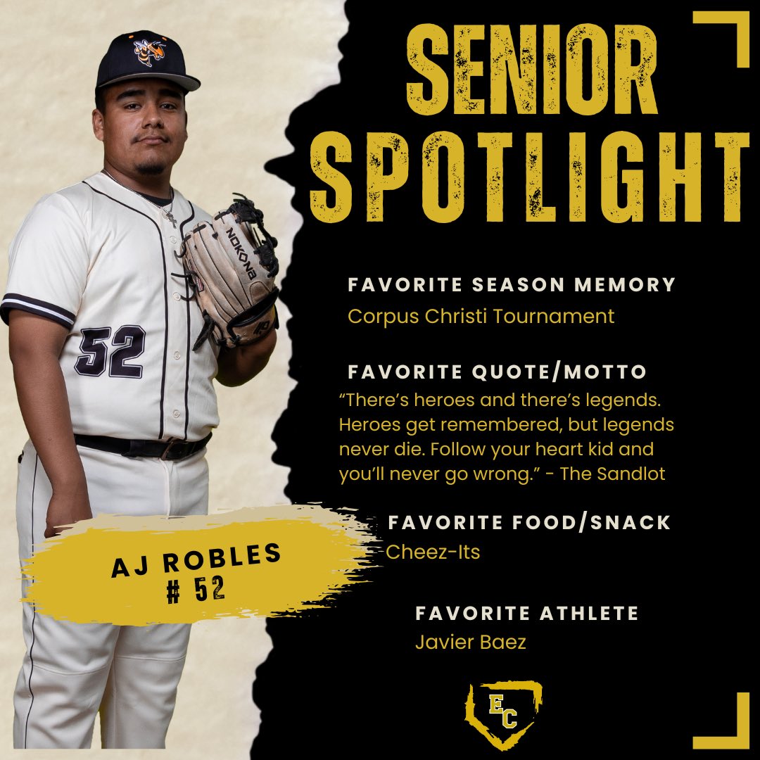 EC Hornet Baseball (@_ecbaseball) on Twitter photo 🟨⬛ SENIOR SPOTLIGHT ⬛🟨
#️⃣ 52 —— AJ Robles
Locked in. Zoned out. Let the crowd roar—he’s already in the zone.
<a href="/_ECAthletics/">ECHS Hornet Athletics</a> <a href="/ECISDtweets/">East Central ISD</a> <a href="/ArriolaSuzette/">Suzette Arriola</a> 🟨⬛ SENIOR SPOTLIGHT ⬛🟨
#️⃣ 52 —— AJ Robles
Locked in. Zoned out. Let the crowd roar—he’s already in the zone.
<a href="/_ECAthletics/">ECHS Hornet Athletics</a> <a href="/ECISDtweets/">East Central ISD</a> <a href="/ArriolaSuzette/">Suzette Arriola</a>