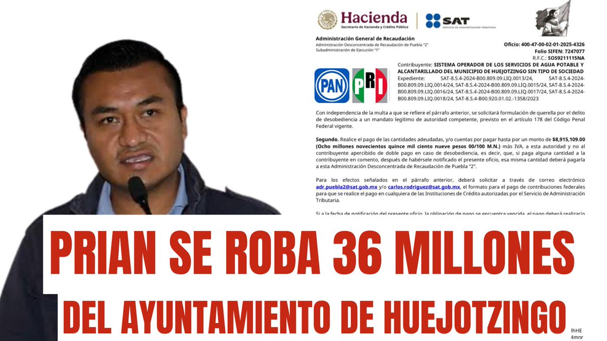 molotovmx's tweet photo. 💸🐀3️⃣6️⃣ MILLONES FUE EL SAQUEO DEL #PRIAN EN HUEJOTZINGO💸🐀

⚠️ Fueron más de 2️⃣8️⃣ millones de pesos robados que hoy notifica el #SAT y ahora el pueblo tiene que pagar casi 9️⃣ millones de pesos más para que no le embarguen el municipio ⚠️ https://t.co/EyFxCuo2Ni