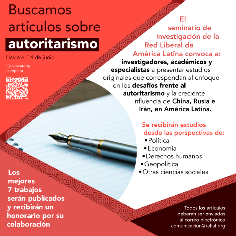 RELIALred's tweet photo. 📣 ¡Publica tu artículo sobre autoritarismo! 📣

Buscamos artículos académicos sobre la influencia autoritaria de China Rusia e Irán en América Latina. Los mejores 7 serán publicados y recibirán un honorario por su colaboración.

Lee las bases completas