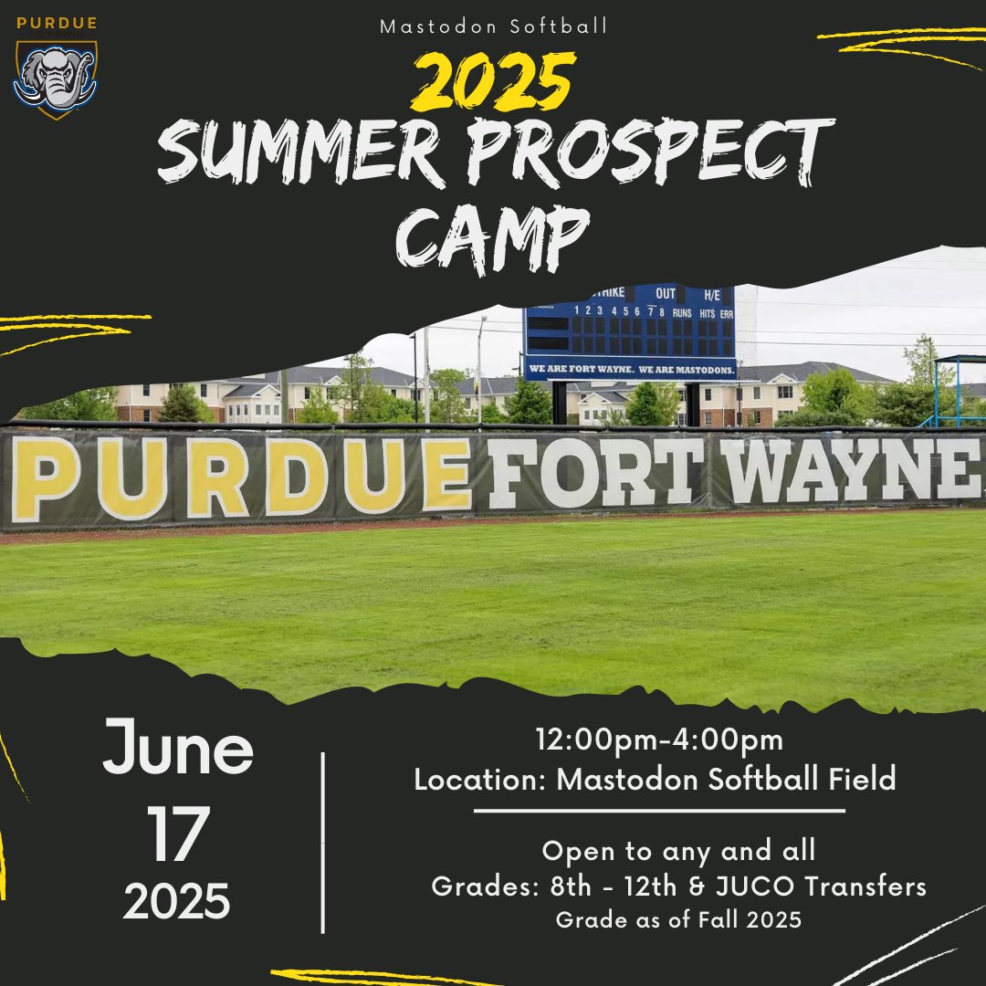 Join us June 17th for our 2025 Summer Prospect Camp 🥎🐘

Level up your game with us this summer! 💪Sign up today with the link below 📲

📍 Mastodon Softball Field 
📆 June 17, 2025 
🔗 purduefortwaynesoftballcamps.com

#FeelTheRumble
#MastodonSoftball