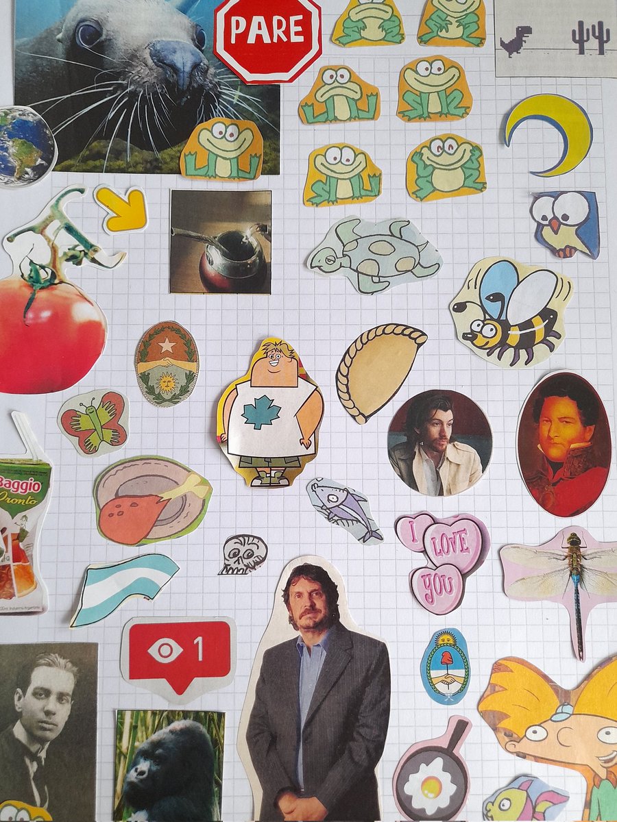 bestiahyperpop's tweet photo. yo dandome cuenta de q si recortas cosas de revistas y las pegas tecnicamente son stickers gratis y ahora tengo stickers de borges, alex turner, felipe pigna, rosas, el gordo de isla del drama...... https://t.co/t8HgAX5DzB