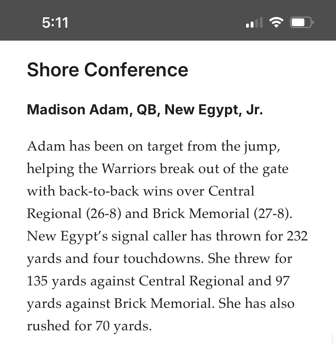 New Egypt Football (@ne_hsfootball) on Twitter photo Congrats to Madison Adam on being named Shore Conference Player of the Week! Congrats to Madison Adam on being named Shore Conference Player of the Week!