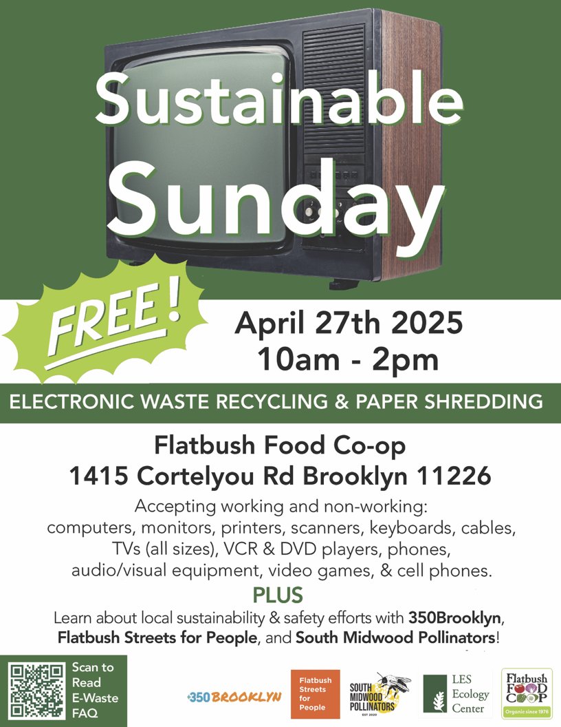 Flatbush Streets for People (@flatbushsts4ppl) on Twitter photo Join us and other community organizations for Sustainable Sunday at the <a href="/flatbushfood/">Flatbush Food Co-op</a> Co-op, April 27. Bring your e-waste and papers for shredding, and then chat with us about how street designs that are safe and effective for people to get around also sustain a healthy planet! Join us and other community organizations for Sustainable Sunday at the <a href="/flatbushfood/">Flatbush Food Co-op</a> Co-op, April 27. Bring your e-waste and papers for shredding, and then chat with us about how street designs that are safe and effective for people to get around also sustain a healthy planet!