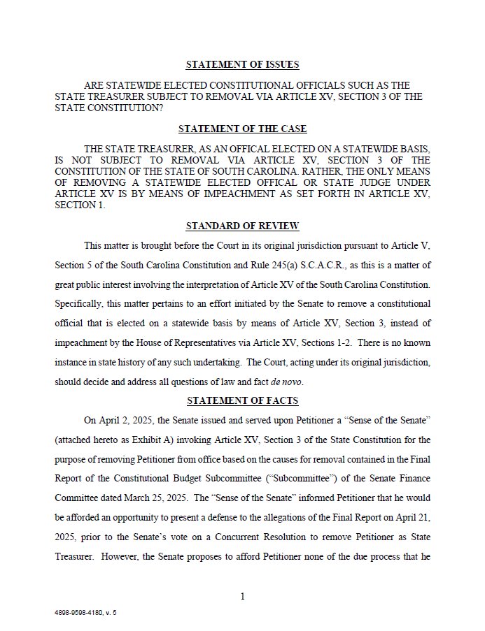NEW: Treasurer Curtis Loftis is asking the SC Supreme Court to halt his April 21 removal from office hearing in the Senate: “I am asking the Supreme Court to step in and clarify whether the Senate is authorized to overturn a state election using this provision.” ⬇️