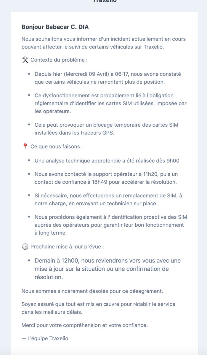Premier "incident" sur <a href="/traxelio_/">Traxelio Solution Suivi GPS</a> . Merci à l'ARTP