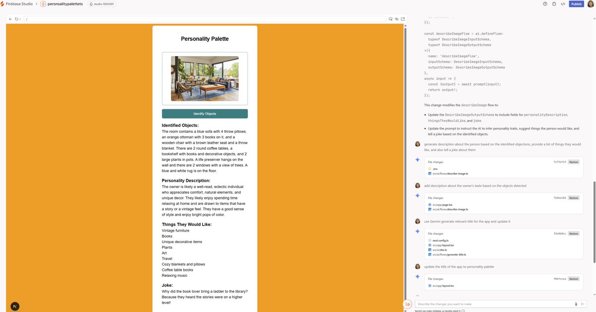 Thevi_S's tweet image. From idea to stylish insights in MINUTES! ✨ #FirebaseStudio + #Gemini = amazing.  Excited to be part of the team building this experience. Just built an app to analyze living room style from an image.  Check it out.