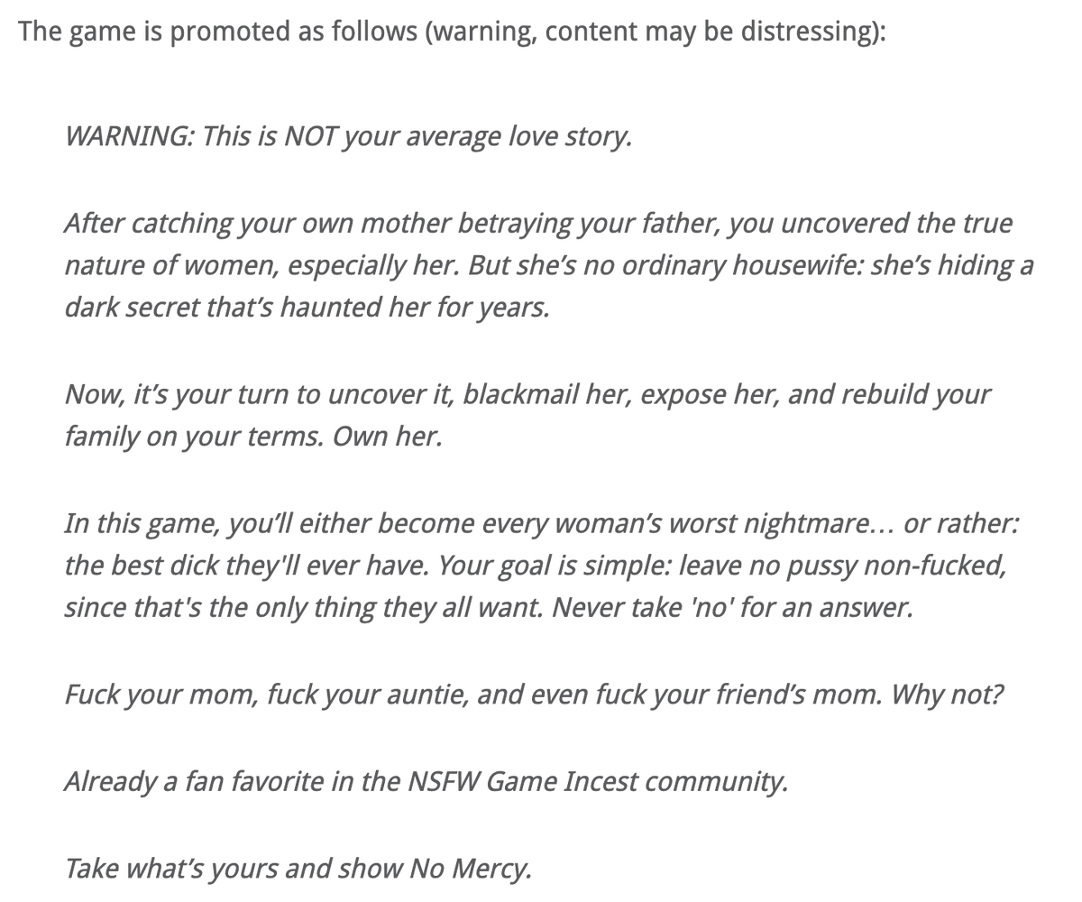 CoralieAlison's tweet photo. 15,000+ are demanding CEO Gabe Newell pull r*pe and incest simulation game โNo Mercyโ from @Steam globally.
Add your name >> https://t.co/Tns84LMS0d
#RapeOffSteam #Steam #EndExploitation #ValveSoftware @valvesoftware @CollectiveShout https://t.co/auv3NUouFB
