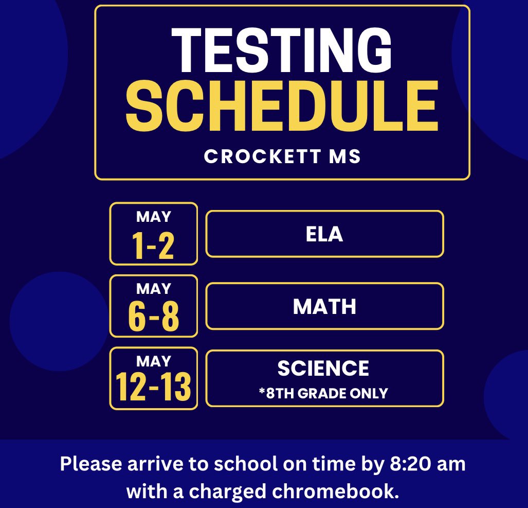 Crockett Middle School (@htsd_crockett) on Twitter photo NJSLA testing is coming up. Be sure to: 1. Eat breakfast, 2. Go to sleep early, 3. Make sure you have a working Chromebook and charging cord. ๐๐พ๐<a href="/FinacchioMatt/">Matt Finacchio</a> <a href="/WeAreHTSD/">WeAreHTSD</a> <a href="/CrockettPta/">Crockett Middle School PTA</a> NJSLA testing is coming up. Be sure to: 1. Eat breakfast, 2. Go to sleep early, 3. Make sure you have a working Chromebook and charging cord. ๐๐พ๐<a href="/FinacchioMatt/">Matt Finacchio</a> <a href="/WeAreHTSD/">WeAreHTSD</a> <a href="/CrockettPta/">Crockett Middle School PTA</a>