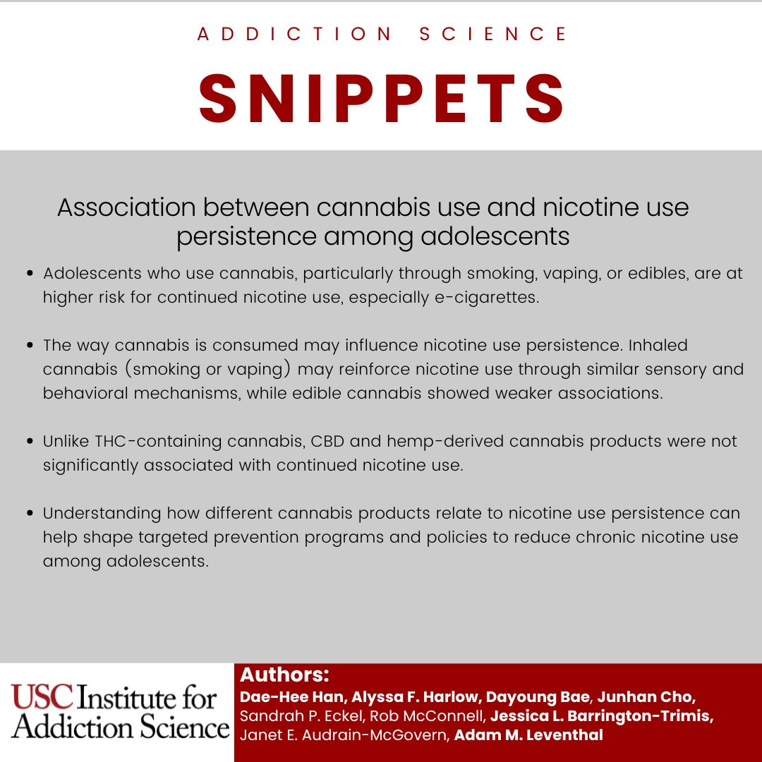 IASatUSC's tweet photo. #AddictionScienceSnippets of the week highlights “Association between cannabis use and nicotine use persistence among adolescents" by Sandrah P. Eckel, Rob McConnell, Janet E. Audrain-McGovern, and #IASMembers Dae-Hee Han, @AlyssaHarlow , Dayoung Bae, Junhan Cho, @Doctor_BT , and @AdamMLeventhal
Read the full article here (link also in our bio): https://t.co/SgbQKRwexk
#usc #fighton #trojans #usctrojans #IASatUSC #InstituteforAddictionScience #AddictionScience #Addiction #SubstanceUse #SubstanceUseDisorder #HarmReduction