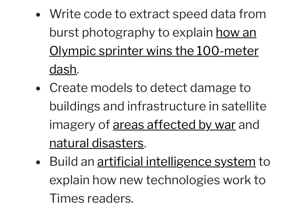 continuing this thread of computer vision and ML, but make it not about surveillance and control: new york times is hiring someone who can help them analyze olympic sprinters, or analyze devastation from war job-boards.greenhouse.io/thenewyorktime…