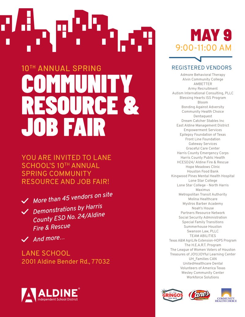 Amanda DeFranco (@atsmrsdefranco) on Twitter photo <a href="/LaneSchool1/">Lane School</a>, <a href="/AldineISD/">Aldine ISD</a>, <a href="/AldineDistrict/">East Aldine District</a> community, families, clients, students, and staff, please mark you calenders for May 9th to come to Lane for our 10th Annual Community Resource and Job Fair. #AldineImpact <a href="/Aldine_FACE/">Aldine ISD Family and Community Engagement</a> <a href="/aldinesped/">Aldine ISD SPED</a> <a href="/HCDEtx/">Harris County Department of Education</a> <a href="/tybailey0405/">Dr. Tracy Bailey</a> <a href="/KarenDanielRee1/">Karen Daniel Reed</a> <a href="/LaneSchool1/">Lane School</a>, <a href="/AldineISD/">Aldine ISD</a>, <a href="/AldineDistrict/">East Aldine District</a> community, families, clients, students, and staff, please mark you calenders for May 9th to come to Lane for our 10th Annual Community Resource and Job Fair. #AldineImpact <a href="/Aldine_FACE/">Aldine ISD Family and Community Engagement</a> <a href="/aldinesped/">Aldine ISD SPED</a> <a href="/HCDEtx/">Harris County Department of Education</a> <a href="/tybailey0405/">Dr. Tracy Bailey</a> <a href="/KarenDanielRee1/">Karen Daniel Reed</a>