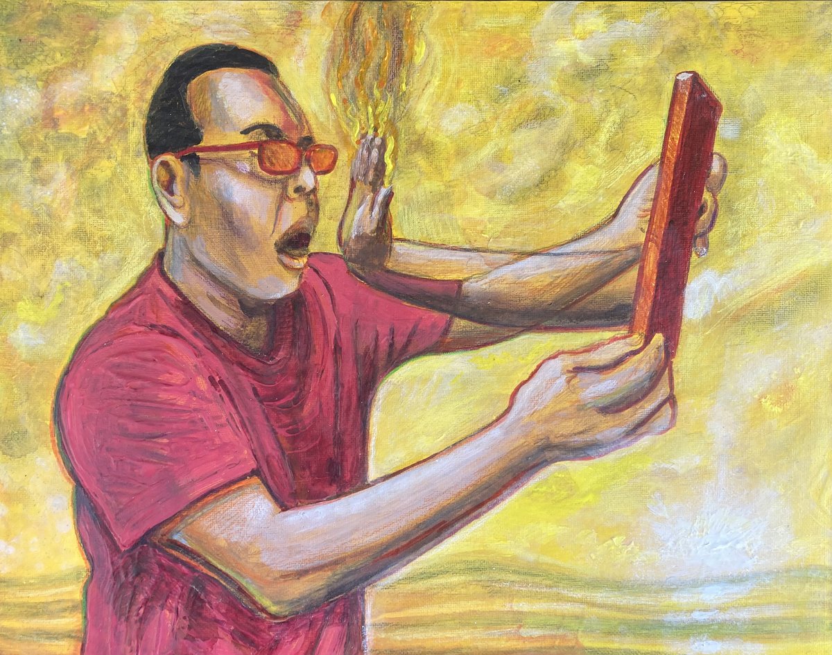 gnavar's tweet photo. “Enjoying Life #24” (c) G. Navar 2025; acrylic, pencils &amp; ink on canvas board.

#worldonfire #wakeup #choosepeace #chooselove #hologram #staycreative #glowinthedark #beready #Icanseerightthroughyou #seer #supportonesnother #Oaklandartist #staypositive #BayAreaartist #befearless https://t.co/SsGdzKW8lg
