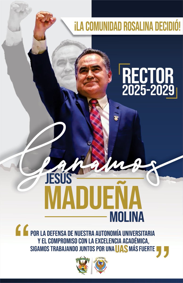 ¡La comunidad Rosalina decidió! 
Con orgullo nos sumamos a la reelección del Dr. Jesús Madueña Molina como Rector de la Universidad Autónoma de Sinaloa para el periodo 2025-2029.