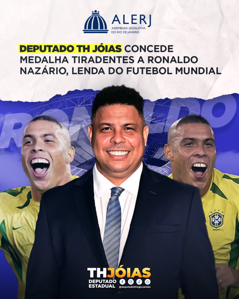 thjoias1's tweet photo. É com grande honra que anuncio a concessão da Medalha Tiradentes, a mais alta honraria do Estado do Rio de Janeiro, ao ex-jogador e ídolo do futebol @ronaldo Nazário de Lima, o eterno Ronaldo Fenômeno. https://t.co/9uWnYmypzx