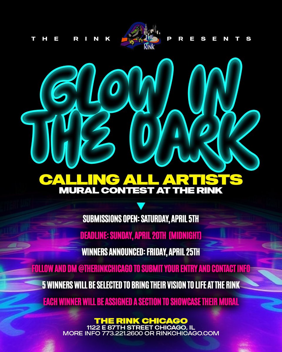 CALLING ALL ARTISTS
We’re lighting up the walls at The Rink Chicago!
Submit your vision for our Glow in the Dark mural contest.

Submissions open: April 5
Deadline: April 20
Winners announced: April 25

Follow &amp; DM us <a href="/therinkchicago/">The RINK Chicago</a> to enter!

#GlowInTheDark #ChicagoArtists